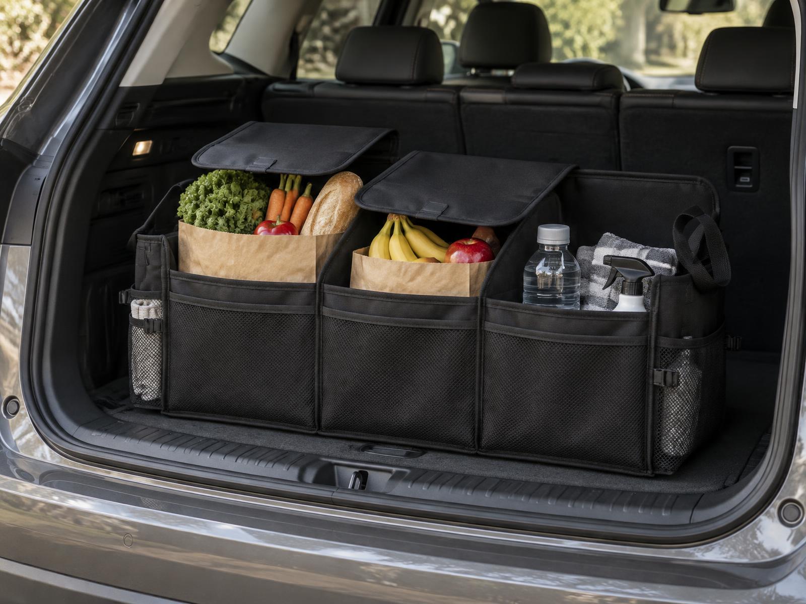 The black STOWVELA. Trunk Organizer holding groceries, a towel and a spray bottle in a clean SUV trunk
